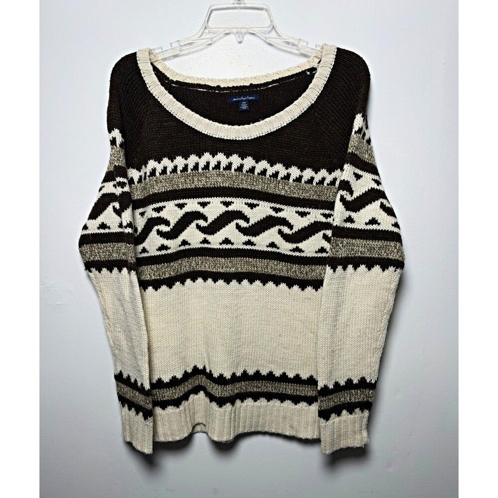 American Eagle Outfitters Women’s M Brown/Cream/Gray Geo Knit Crewneck Sweater